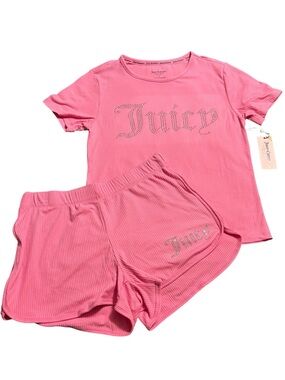 NWT•Juicy Couture Pink Ribbed Short Sleeve Pajama Set with Crystal Logo